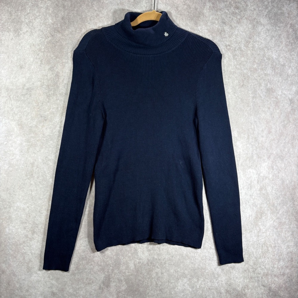 Lauren Ralph Lauren Sweater Womens Size Large Navy Blue Ribbed Turtleneck Cotton